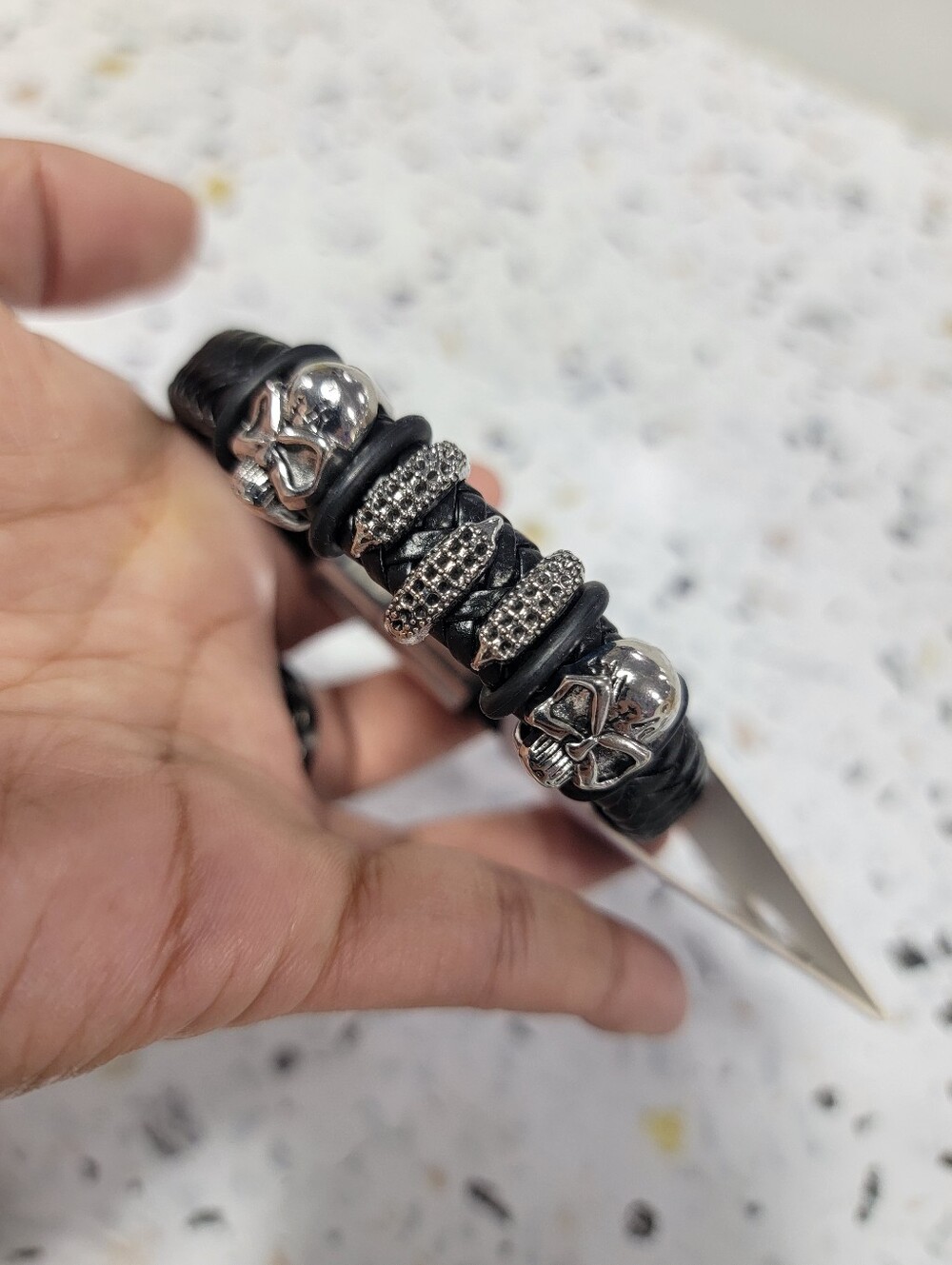 Men's Black Leather Bracelet with Silver Skull & Pave Beads
